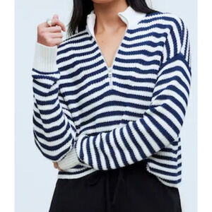 Madewell Ribbed Half Zip Striped Long Sleeve Trendy Sweater US Women's XS New